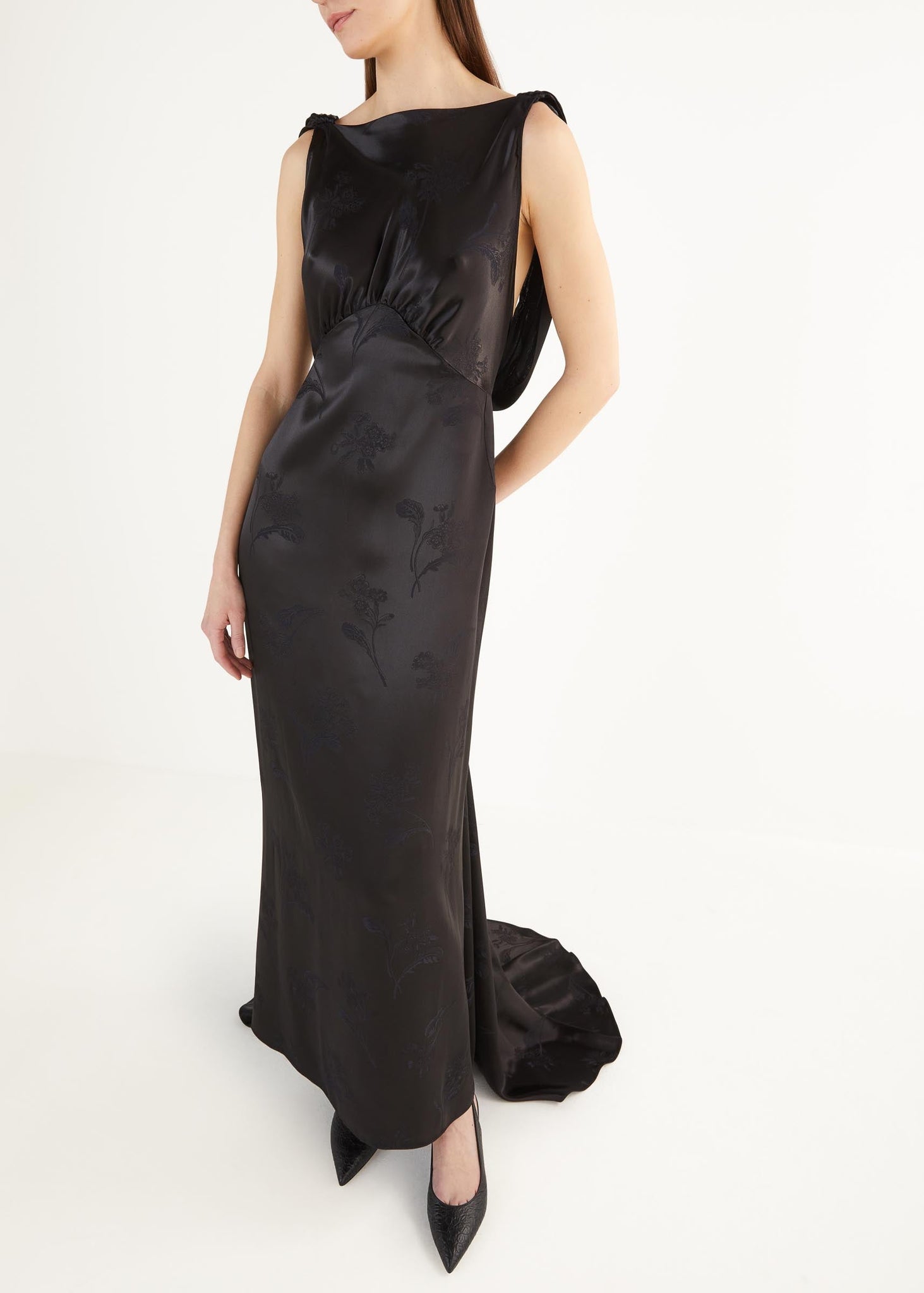 MAE GOWN in BLACK FLORAL SATIN